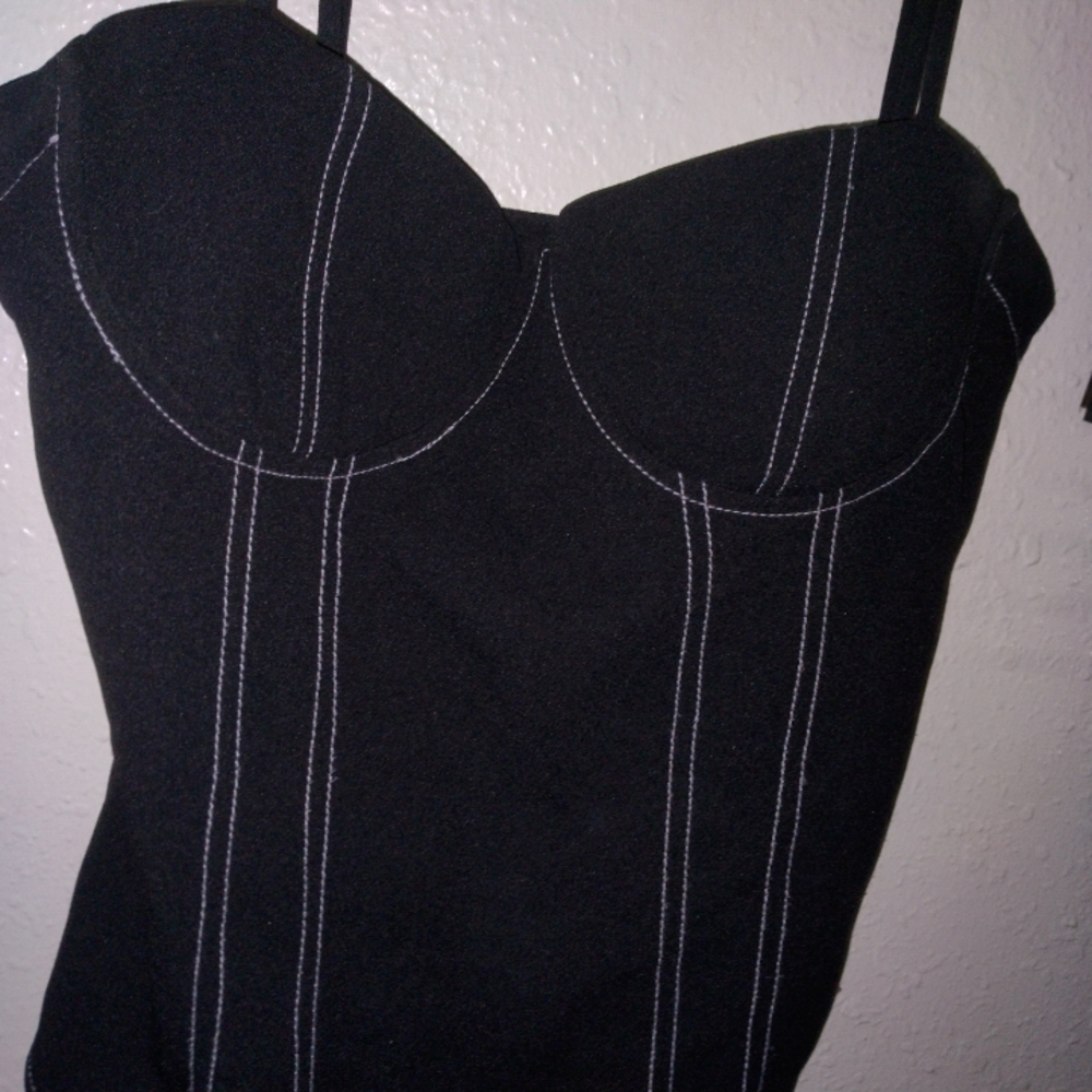 Fashion Nova Black Bustier Bodysuit with White Contrast Stitching